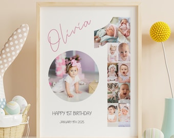 May include: A white photo collage with a pink number one and the name Olivia written in pink script. The collage features photos of a baby girl at different ages. The text "Happy 1st Birthday January 11th 2025" is printed below the collage.