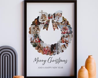 Christmas Wreath Photo Collage Canva Template Christmas Photo Gift For Family Reunion Custom Holiday Photo Gift Personalized Picture Collage