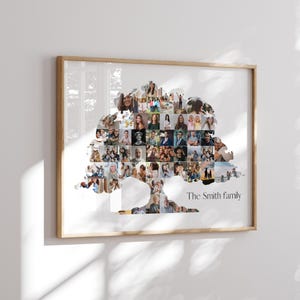 Peut inclure: Un collage photographique encadré d'une famille en forme d'arbre. Le collage est composé de nombreuses photos différentes des membres de la famille, et le texte "The Smith family" est imprimé sous l'arbre.