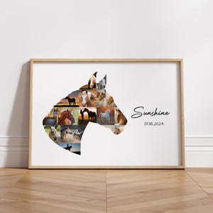 May include: A framed print featuring a collage of horse images arranged in the shape of a horse's head. The word "Sunshine" is written in cursive, with the date "07.06.2024" below it. The frame is a light brown color.