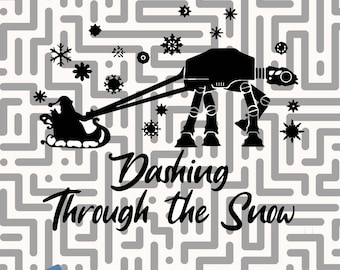 May include: A black and white illustration of a Star Wars AT-AT walker pulling a sleigh with Santa Claus inside. The text "Dashing Through the Snow" is written below the image.