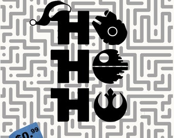 May include: Black and white graphic design of the word "HO HO HO" with Star Wars characters replacing the "O"s. The characters are the Millennium Falcon, the Death Star, and the Rebel Alliance symbol.
