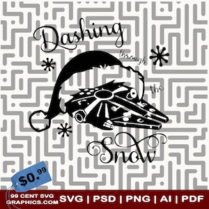 Könnte beinhalten: Schwarz-weiß-Illustration eines Star Wars Millennium Falcon Raumschiffs mit einem Weihnachtsmann-Hut oben drauf. Der Text "Dashing through the snow" ist in einer dekorativen Schrift geschrieben.