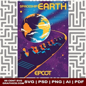 Peut inclure: Une affiche de style rétro pour Spaceship Earth, une attraction du parc à thème Epcot. L'affiche présente une image stylisée de la Terre dans l'espace, avec un véhicule de promenade transportant des passagers au premier plan. Le texte "Spaceship Earth" et "Epcot" est affiché en évidence.