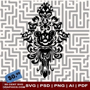 May include: Black and white silhouette of a haunted house with a Mickey Mouse head in the center. The house has a spooky, gothic design with a pointed roof and a swirling pattern. The Mickey Mouse head has a jack-o'-lantern face.
