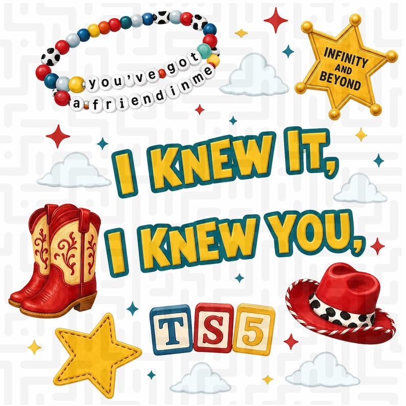 Toy Story 5 PNG, TS5 digital download, I Knew It I Knew You shirt design, Hollywood Studios theme park graphic, retro Pixar sublimation file, Woody and Buzz friend in me art, transparent background Cricut file, custom Disney vacation outfit, Toy Story Land apparel transfer, western cowboy boot clip art, movie premiere countdown merch, premium DTF print file.