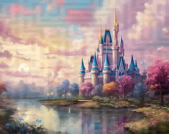 Cinderella Castle Sunset Giclée Print – Disney World Wall Art, Magic Kingdom Painting, Fairytale Castle Decor, Golden Hour Artwork