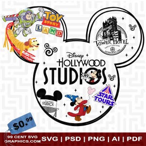 Puede incluir: Silueta de la cabeza de Mickey Mouse en blanco y negro con varias atracciones y personajes de Disney en su interior. El texto "Disney Hollywood Studios" está en el centro. Las atracciones incluyen Toy Story Land, la Torre del Terror, Star Tours y Hollywood Studios.