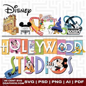 Puede incluir: Una ilustración digital colorida del logotipo del parque temático Hollywood Studios. El logotipo presenta las palabras "Hollywood Studios" en letras grandes y coloridas con varios personajes de Disney, incluidos Mickey Mouse, Minnie Mouse, Goofy, Donald Duck y un Slinky Dog. La ilustración también incluye una representación del icónico Hollywood Tower Hotel y la atracción Twilight Zone Tower of Terror.