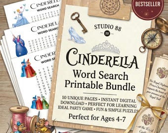 Cinderella Word Search Printable Puzzle | Disney Princess Themed Game | 10 Unique Puzzles PDF | Instant Digital Download | Kids & Adults