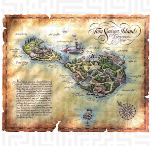 May include: A vintage-style map of Tom Sawyer Island, featuring detailed illustrations of landmarks, waterways, and a steamboat. The map has a weathered, aged appearance with a compass rose and text describing the island's origins.
