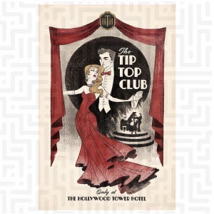 Lámina del Tip Top Club, póster vintage del Hollywood Tower Hotel, arte mural de la Torre del Terror, descarga digital retro de Disney en formato JPEG, Twilight Zone