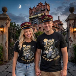 May include: Black t-shirts featuring a graphic of a cartoon mouse in a bellhop uniform carrying luggage, with the text The Hollywood Tower and The Tower of Terror. Each shirt is paired with a maroon and gold bellhop cap with a gold emblem.