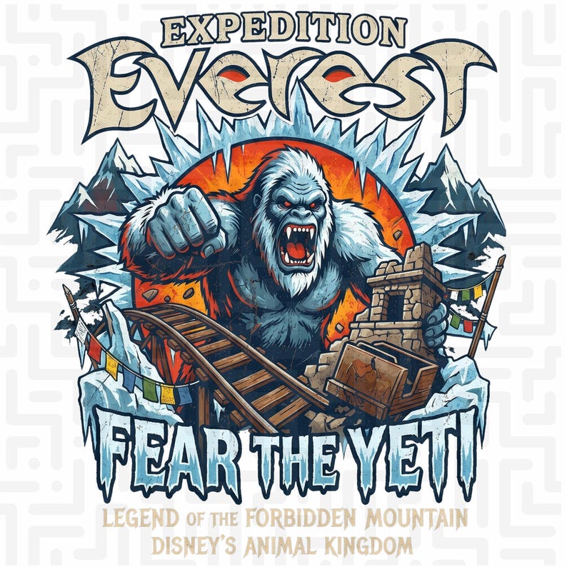 expedition everest png digital download, fear the yeti t-shirt design, animal kingdom sublimation file, retro roller coaster vacation graphic, forbidden mountain clipart, theme park souvenir, diy iron on transfer, custom family vacation apparel, vintage yeti illustration, coaster enthusiast gift, dtg printing graphic element, instant download, high resolution digital file, retro comic book style, wild safari vacation outfit, matching family trip graphics, mythical creature art