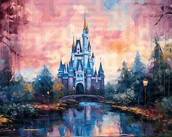 Cinderella Castle Sunset Giclée Print – Disney World Wall Art, Magic Kingdom Painting, Fairytale Castle Decor, Golden Hour Artwork