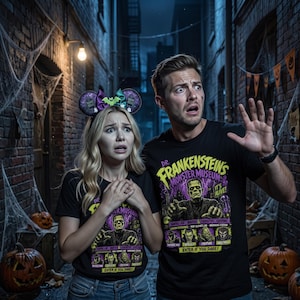 May include: Two black t-shirts featuring a graphic print titled Dr. Frankenstein's Monster Museum with a green monster, smaller character portraits, and the text It's Alive and Enter If You Dare. One person wears purple and green mouse-style ears.
