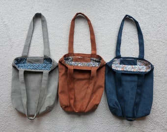 Tote bag in corduroy and printed cotton with interior pocket