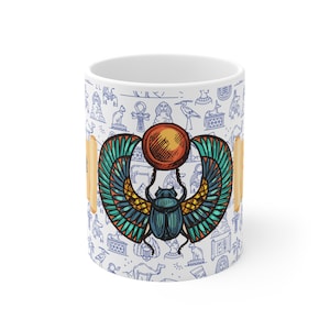 Ancient Egyptian Scarab Coffee Mug-Geoglyphic Pattern and Papyrus Art Ceramic Tea Cup : The Perfect Gift for History and Egypt Lovers.