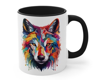 Colourful Wolf Ceramic Mug 11 oz : A Cute Tea and Coffee Mug for the Wildlife Lover in your Life. Multiple Colours. Perfect Birthday Gift