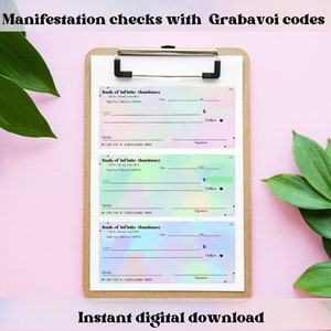 May include: Three printable checks with a holographic rainbow design. The checks are titled "Bank of Infinite Abundance" and have a space for the date, amount, and signature. The text "Instant digital download" is at the bottom of the image.