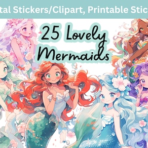25 Mermaids Digital Clipart Bundle, Cute mermaids, lovely mermaids, mermaid, digital stickers, transparent PNGs, Scrapbook, Junk Journaling