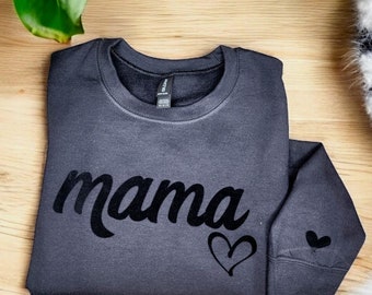 Black Monochromatic Mama Felt Feel Shirt / Mom Monochrome Shirt / Black Mom Tee / Mama Shirt / Mama Heart Tee / Mama Shirt with Sleeve Heart