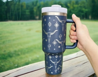 Western Cow Skull 40 Ounce Laser Engraved Tumbler / Bull Skull Tumbler / Western Style Tumbler / Cute Cow Tumbler with Lid and Straw