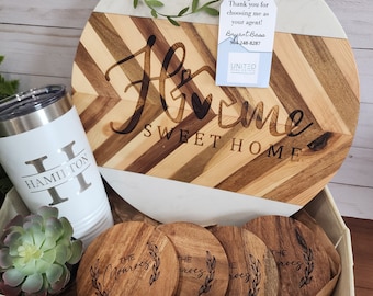 Custom Closing Gift Set- Round Acopa Marble and Acacia Wood Serving Set / Real Estate Closing Gifts / Custom Gift Sets / Real Estate Gifts