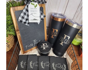 Custom Closing Gift Set- Acacia Wood & Slate/ Real Estate Closing Gifts / Custom Gift Sets / Real Estate Marketing / New Homebuyer