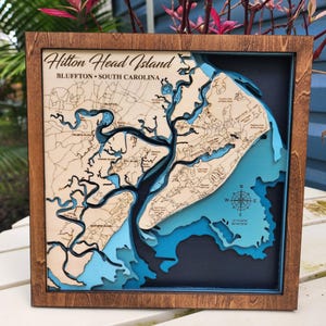 Hilton Head Island gelaagde 3D-houten kaart / Hilton Head gelaagde muurkunst / Bluffton Hilton Head 3D-kaartbord / makelaar geschenken / South Carolina