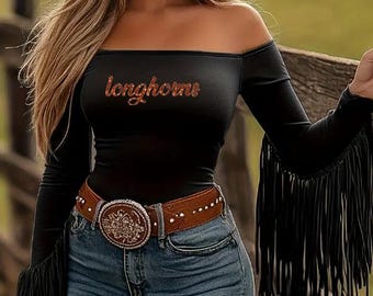 Haut à manches longues et franges Longhorns / Haut à paillettes Texas / Débardeur Gameday Longhorns / Chemise Texas Bling