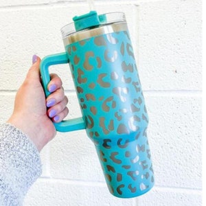 Laser Engraved 40 oz. Leopard Print Stainless Steel Tumbler with Handle & Straw / Leopard Print Stainless Steel 40 ounce tumbler