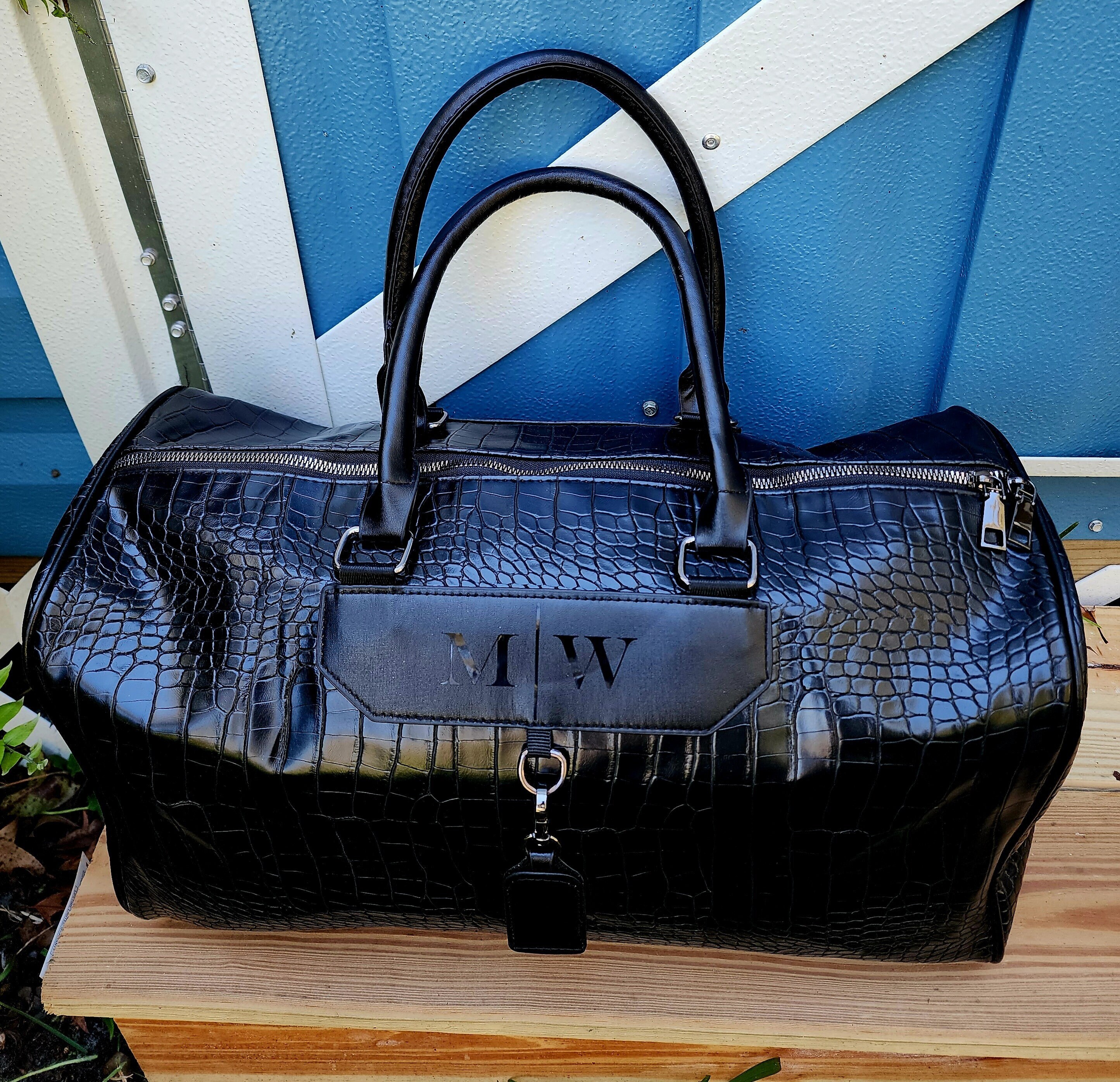 Crocodile duffle bag with Double G in blue