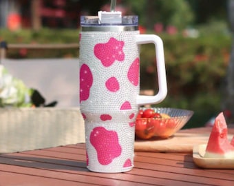 Sparkling Cow Print Rhinestone Studded 40 oz. Tumbler / Cow Print Stainless Steel 40 ounce Tumbler / Sparkling Cow Tumbler / Rhinestone Cup