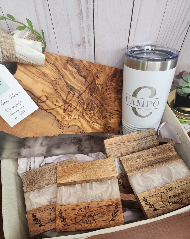 Custom Closing Gift Set- Olive Wood & White Resin / Real Estate Closing ...