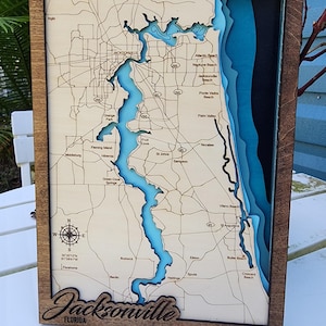 Jacksonville St Johns River 3D Holz-Karte / St Johns River Wandbild / Jacksonville Florida 3D Landkarte / Realtor Geschenke