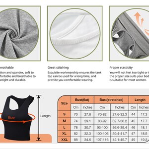May include: A size chart for a black tank top with a scoop neck and racerback. The chart shows measurements in inches and centimeters for bust (flat and stretched) and length. Sizes range from S to XXL.
