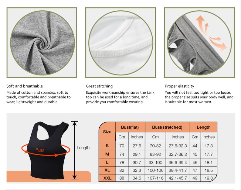May include: A size chart for a black tank top with a scoop neck and racerback. The chart shows measurements in inches and centimeters for bust (flat and stretched) and length. Sizes range from S to XXL.