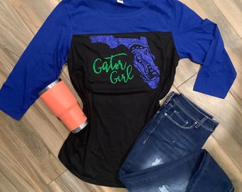 Florida Color Block Glitter 3/4 Glitter Tee / Florida Gators  Glitter Football Shirt / Florida Tailgating / Florida Game Day Shirt