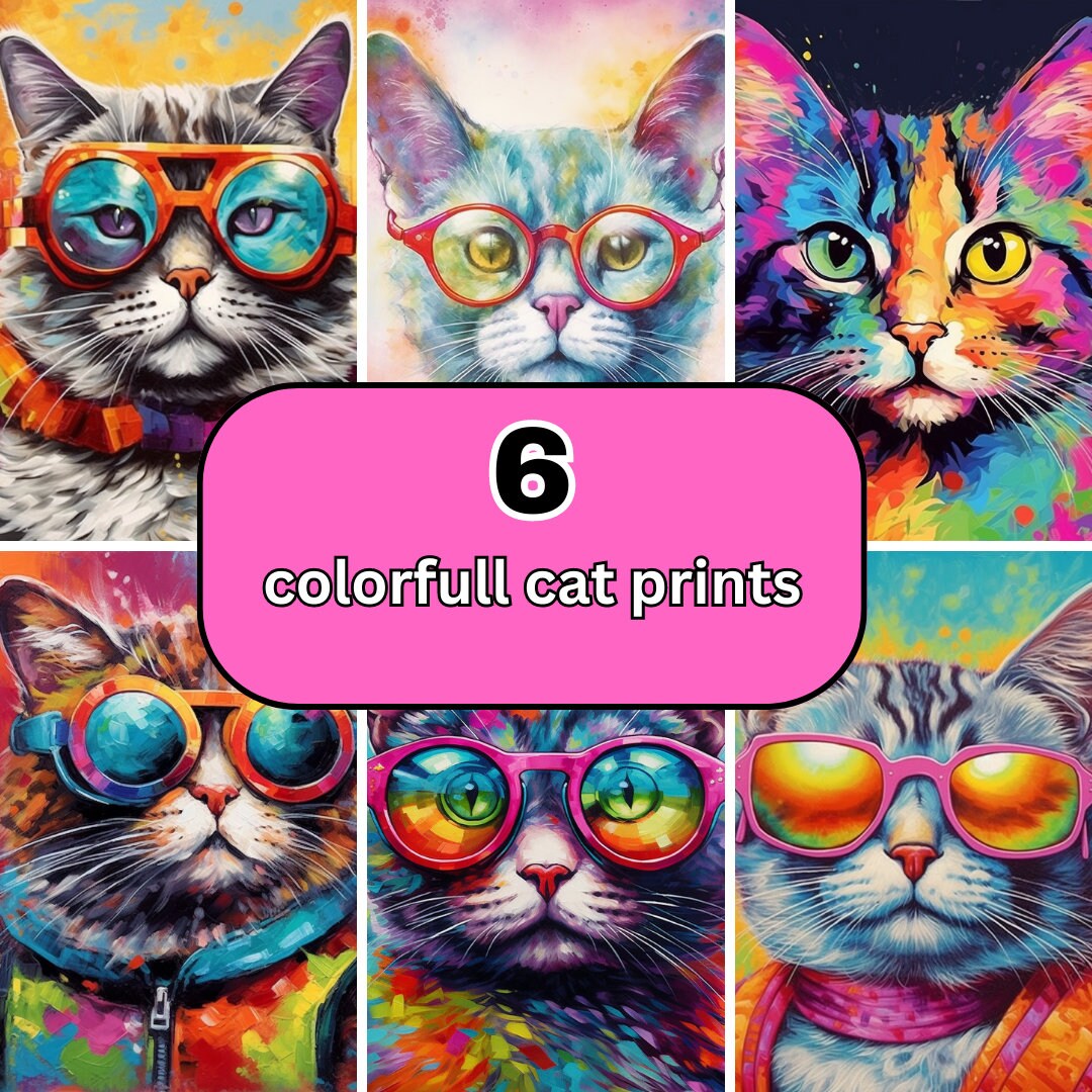 Colorful Cat Prints, Cats With Glasses, Funny Cat Posters, Great Cat