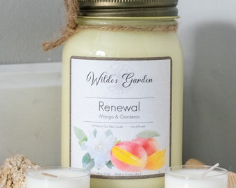 Renewal | 16oz Mason Jar Candle | Mango and Gardenia Scented | Wilde's Garden