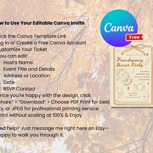 Puede incluir: Una plantilla de invitaci&oacute;n para una cena de Acci&oacute;n de Gracias con amigos, con instrucciones sobre c&oacute;mo usar la plantilla editable de Canva. El dise&ntilde;o incluye un logotipo de Canva turquesa y morado, y una invitaci&oacute;n beige.