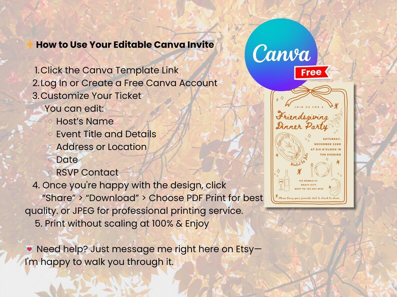Puede incluir: Una plantilla de invitaci&oacute;n para una cena de Acci&oacute;n de Gracias con amigos, con instrucciones sobre c&oacute;mo usar la plantilla editable de Canva. El dise&ntilde;o incluye un logotipo de Canva turquesa y morado, y una invitaci&oacute;n beige.
