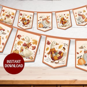 Puede incluir: Una guirnalda de banderines con patos ilustrados con atuendo otoñal. Cada banderín muestra un pato diferente con bufandas, sombreros y ropa de patchwork, con calabazas y hojas de otoño. El texto "INSTANT DOWNLOAD" está en un círculo rojo.