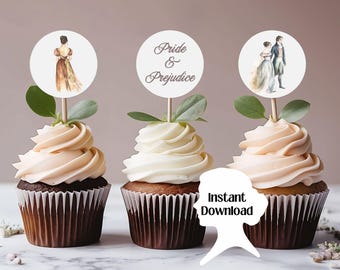 May include: Three cupcakes with white and tan frosting, each topped with a circular image on a wooden stick. The images depict a woman, the words "Pride & Prejudice", and a couple. The cupcakes are on a marble surface. The words "Instant Download" are also visible.