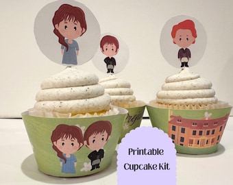 May include: Cupcakes with white frosting and character toppers. The cupcake liners are green with illustrations of characters and a building. The image includes the text "Printable Cupcake Kit".