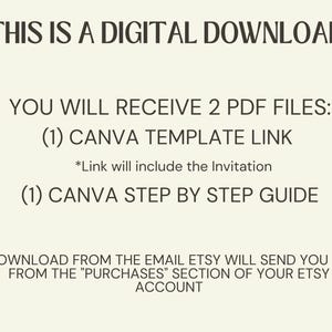 Puede incluir: Gr&aacute;fico de descarga digital con texto en fuente serif. El texto dice: "ESTA ES UNA DESCARGA DIGITAL. RECIBIR&Aacute;S 2 ARCHIVOS PDF: (1) ENLACE DE PLANTILLA CANVA *El enlace incluir&aacute; la invitaci&oacute;n (1) GU&Iacute;A PASO A PASO DE CANVA."