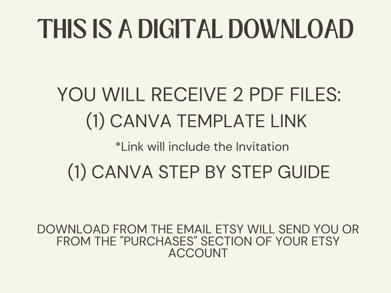 Puede incluir: Gr&aacute;fico de descarga digital con texto en fuente serif. El texto dice: "ESTA ES UNA DESCARGA DIGITAL. RECIBIR&Aacute;S 2 ARCHIVOS PDF: (1) ENLACE DE PLANTILLA CANVA *El enlace incluir&aacute; la invitaci&oacute;n (1) GU&Iacute;A PASO A PASO DE CANVA."