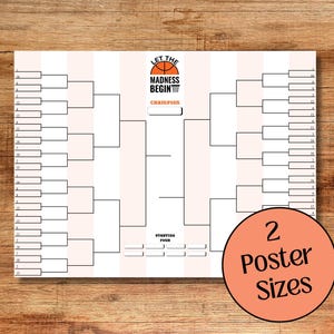 Op de afbeelding: Een witte basketbaltoernooiposter met zwarte lijnen en tekst. De bovenkant van de poster luidt "LET THE MADNESS BEGIN" met een basketbalafbeelding. Een perzikkleurige cirkel rechtsonder zegt "2 Poster Sizes".