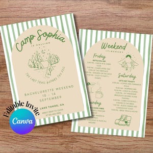 Camp Bachelorette Invitation and Itinerary Cabin Glamping Bachelorette Party Invite Camp Themed Bridal Weekend Canva Camp Bach Invite